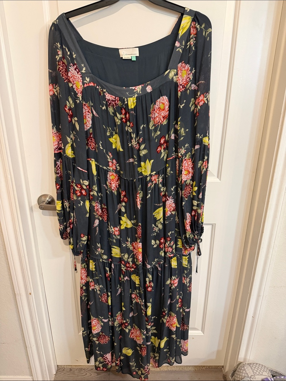 Anthropologie Evelin Tiered Floral Maxi Dress Dark Teal Boho 3X  Flawed